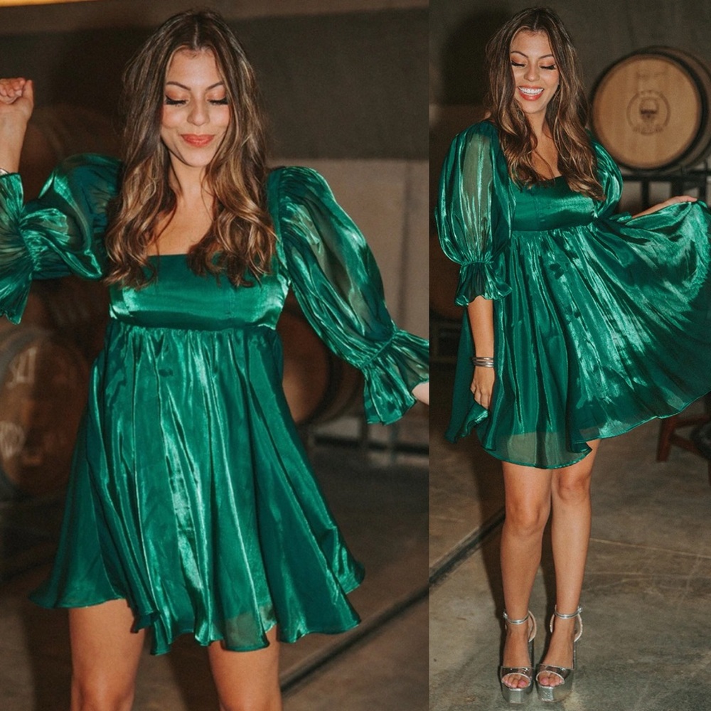 NWT Buddy Love Betsy Puff Sleeve Babydoll Mini Dress Green